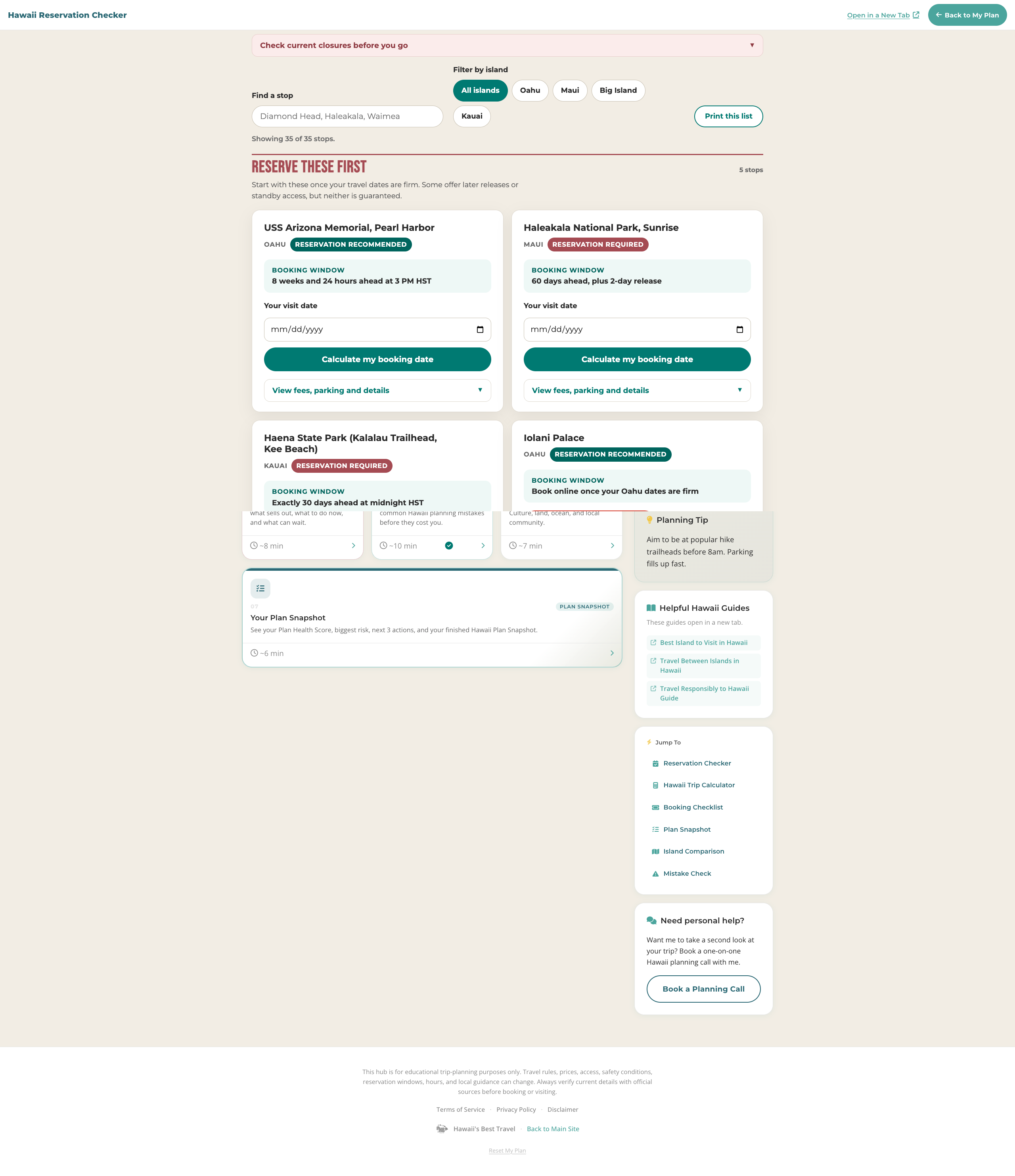 Hawaii Reservation Checker showing booking priorities, island filters, and reservation date tools