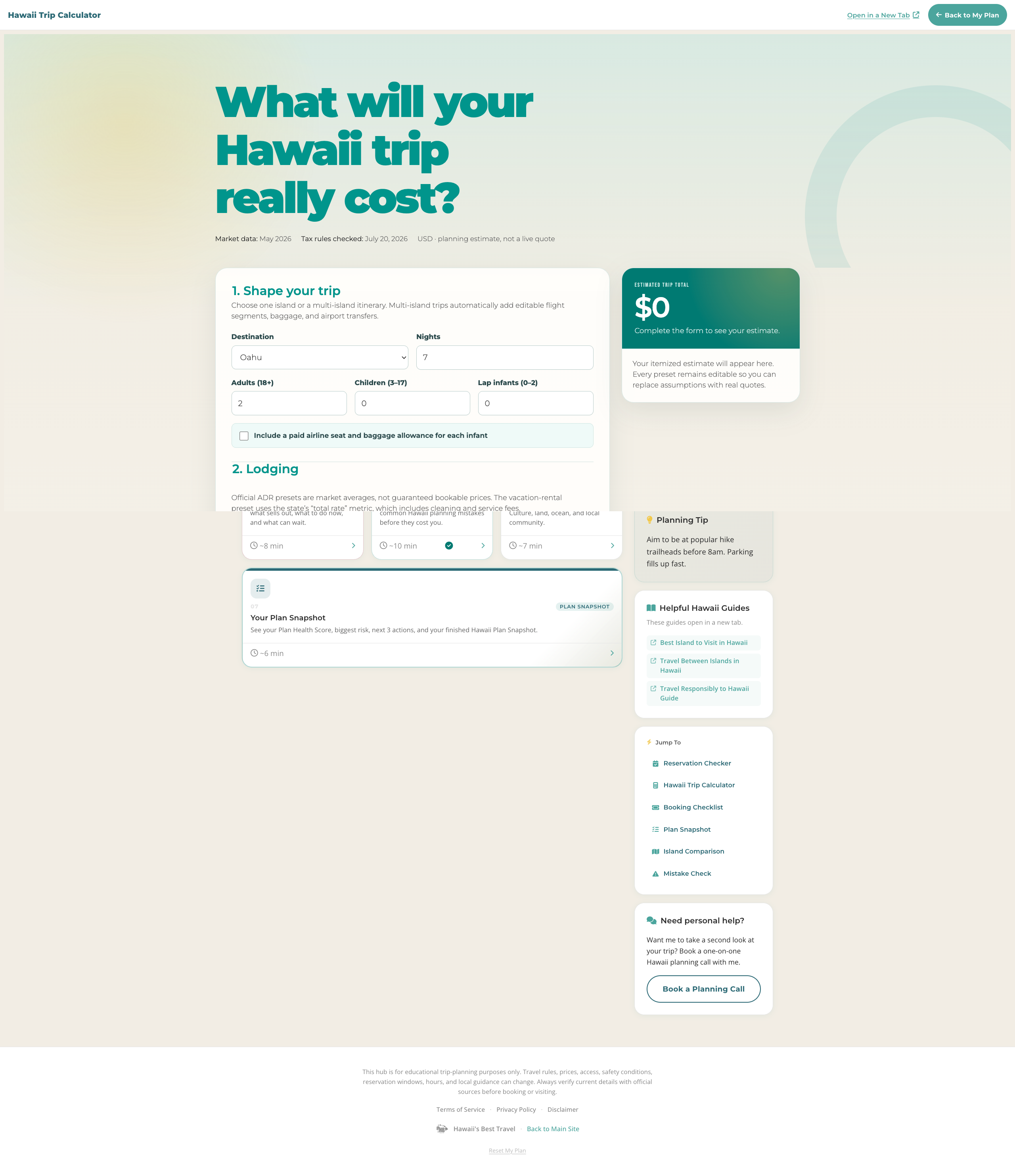 Hawaii Trip Calculator showing trip details and an itemized vacation cost estimate